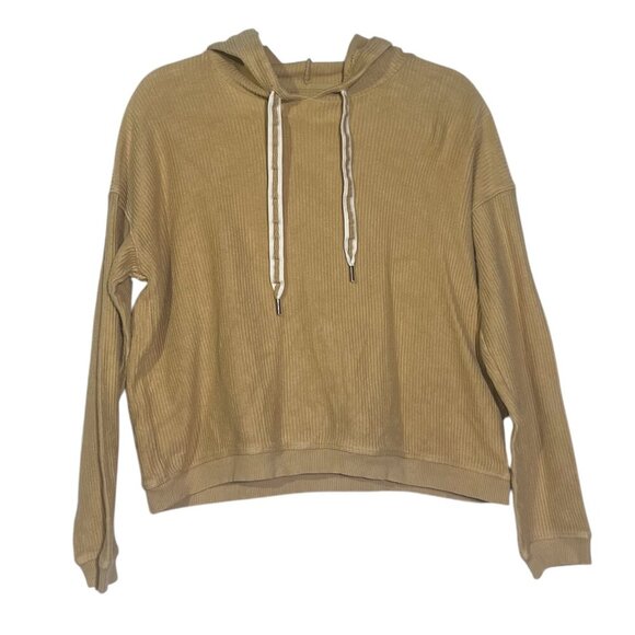 Aerie Cropped Hoodie Ribbed Tan Drawstrings Size Small Cozy Lounge Corduroy - Picture 2 of 8